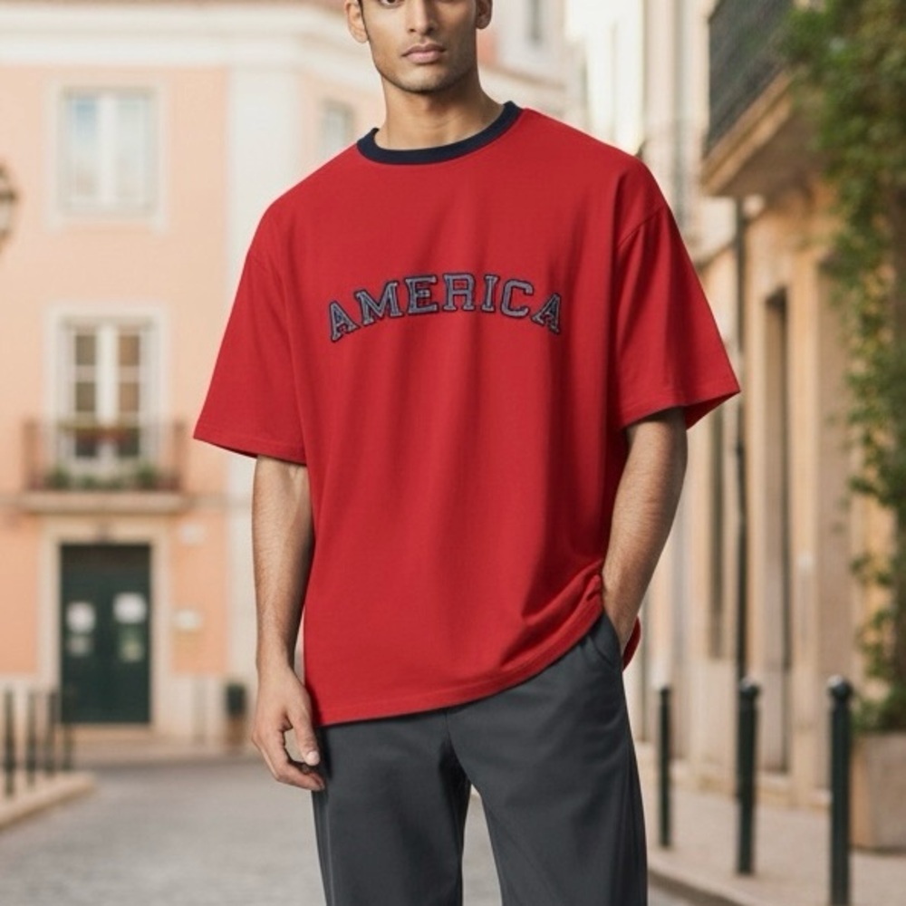 SPIRIT OF AMERICA Men's size Large Red 'America' Logo Short Sleeve Tee T-shirt